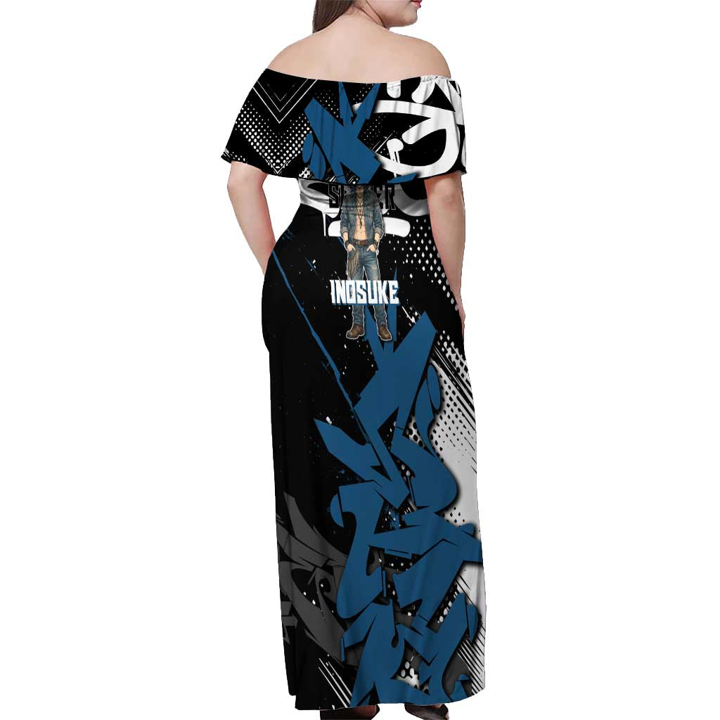Hashibira Inosuke Demon Slayer Off Shoulder Maxi Dress Blue & Black Graffiti Anime