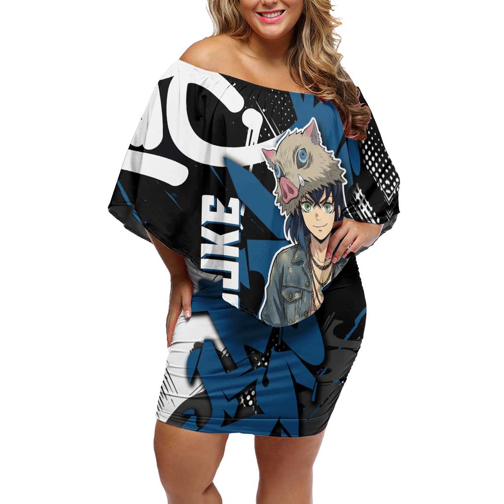 Hashibira Inosuke Demon Slayer Off Shoulder Short Dress Blue & Black Graffiti Anime