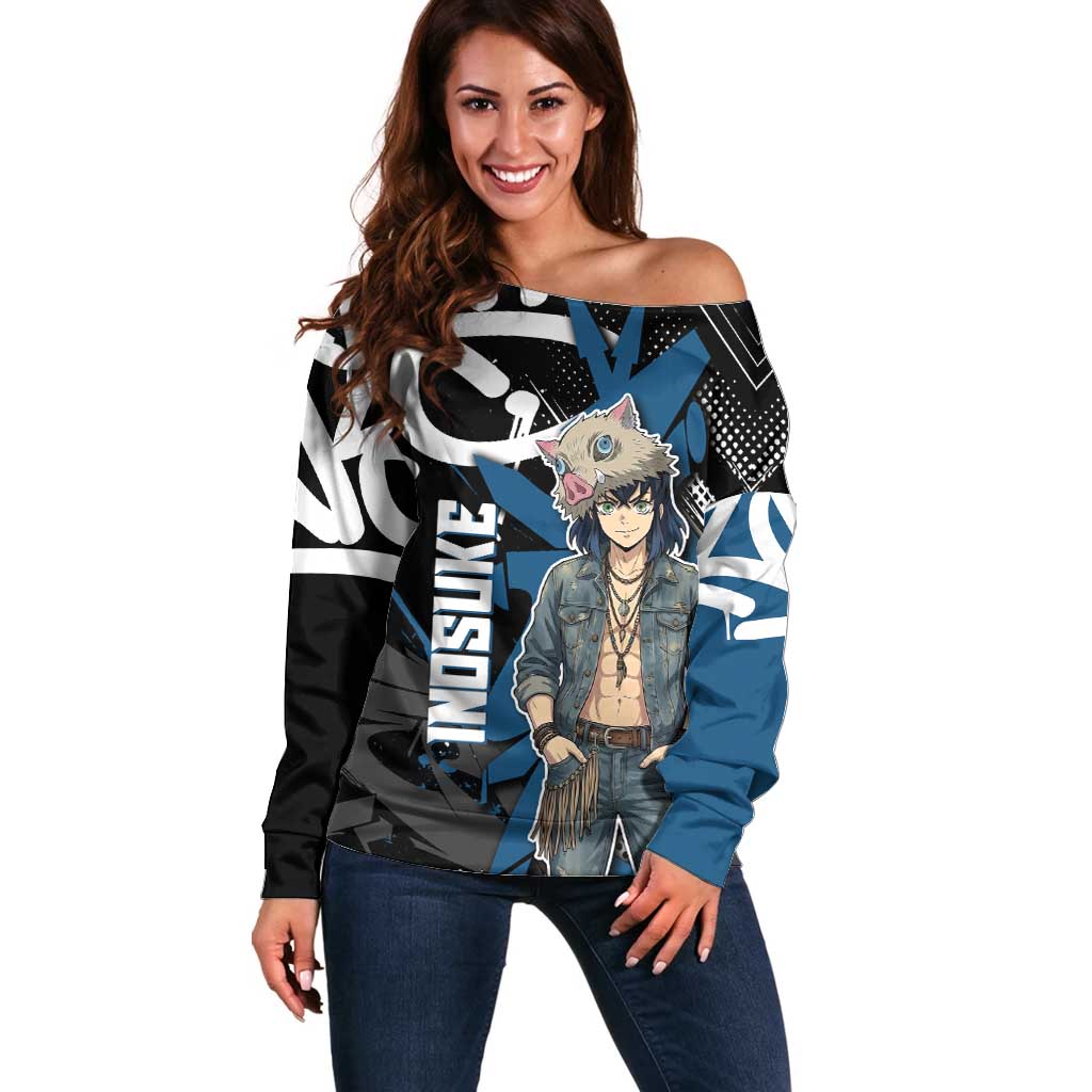 Hashibira Inosuke Demon Slayer Off Shoulder Sweater Blue & Black Graffiti Anime