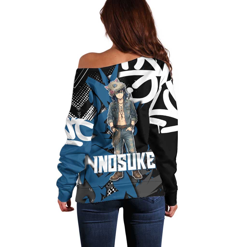 Hashibira Inosuke Demon Slayer Off Shoulder Sweater Blue & Black Graffiti Anime