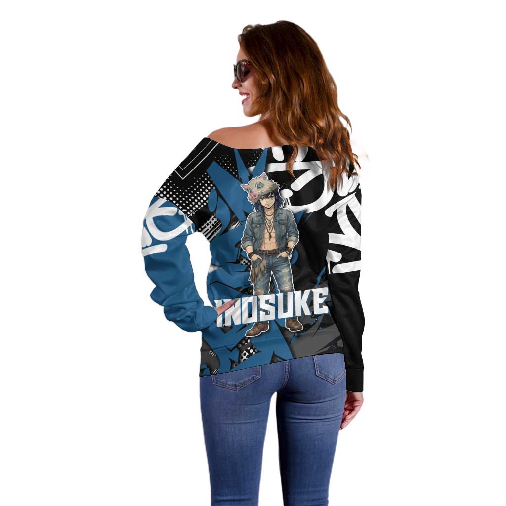 Hashibira Inosuke Demon Slayer Off Shoulder Sweater Blue & Black Graffiti Anime