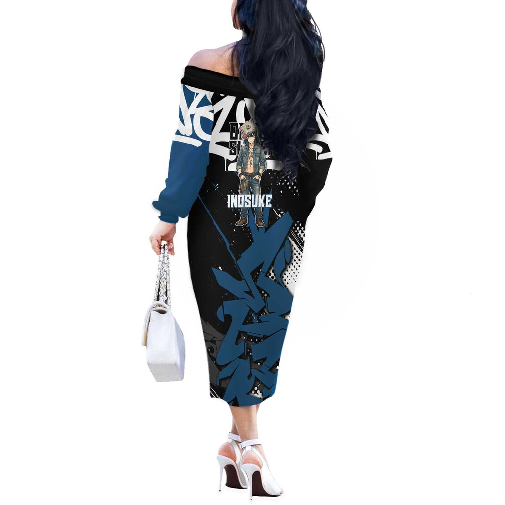 Hashibira Inosuke Demon Slayer Off The Shoulder Long Sleeve Dress Blue & Black Graffiti Anime