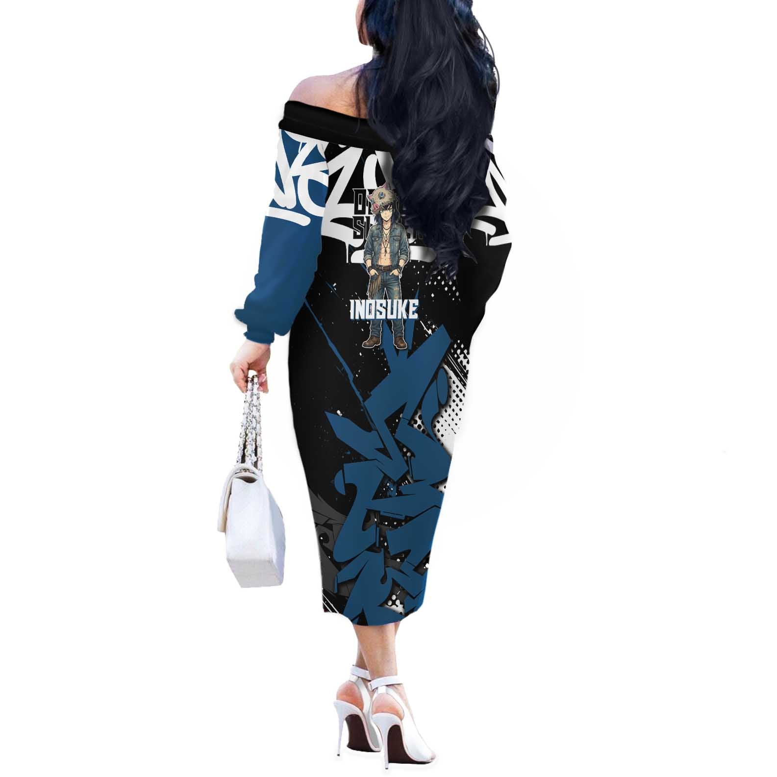 Hashibira Inosuke Demon Slayer Off The Shoulder Long Sleeve Dress Blue & Black Graffiti Anime
