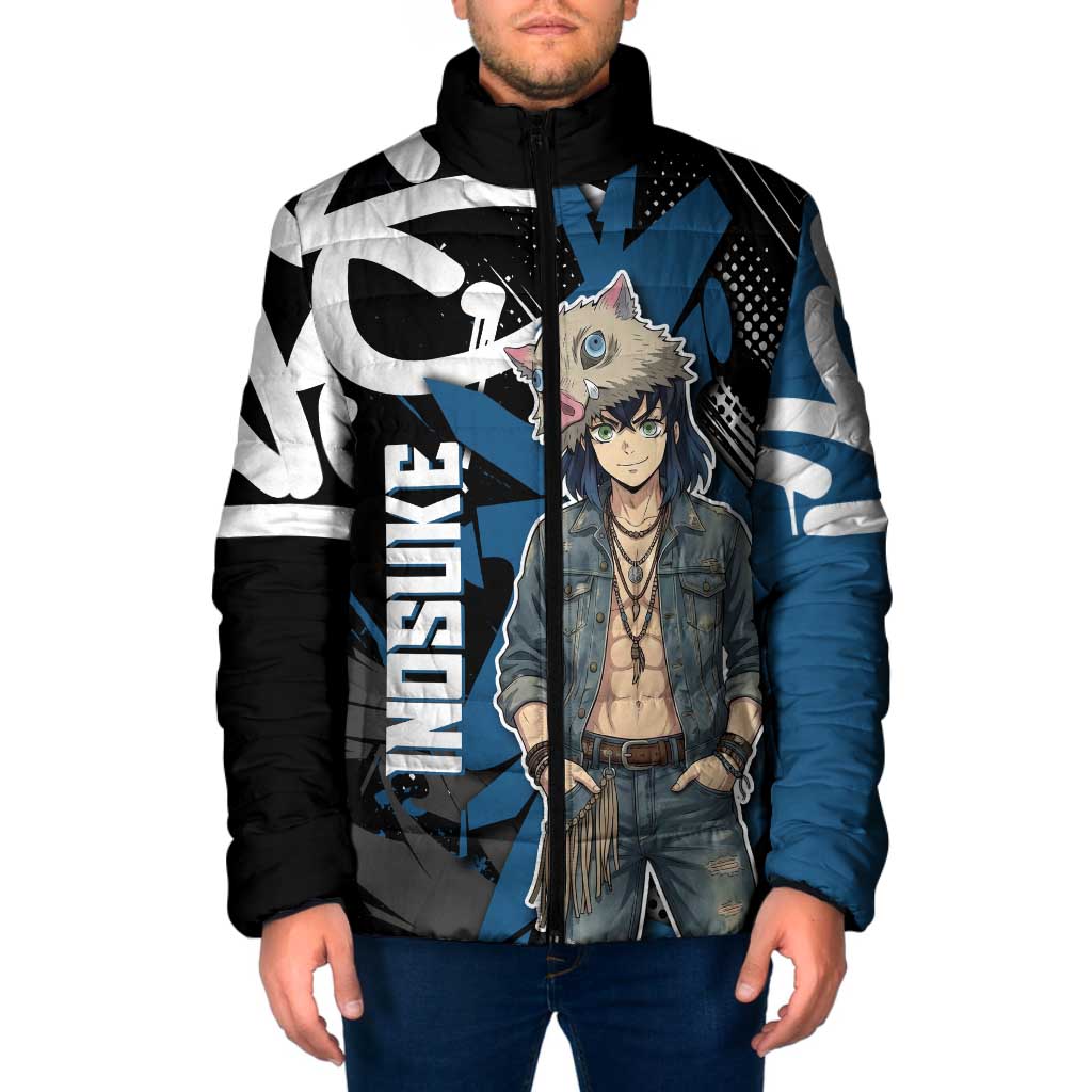 Hashibira Inosuke Demon Slayer Padded Jacket Blue & Black Graffiti Anime