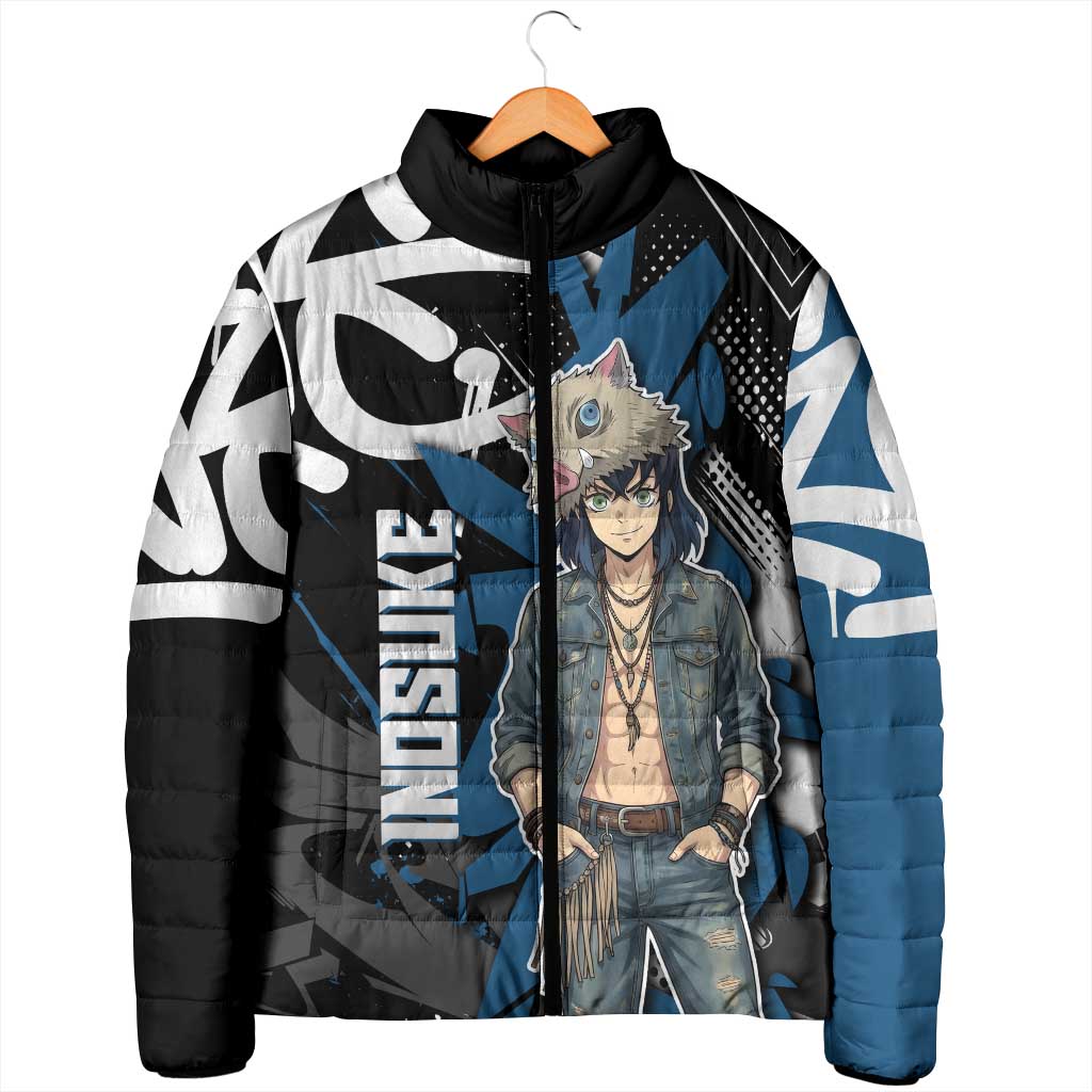 Hashibira Inosuke Demon Slayer Padded Jacket Blue & Black Graffiti Anime