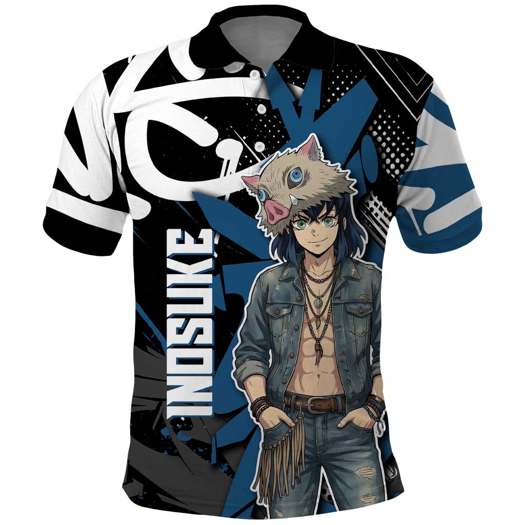 Hashibira Inosuke Demon Slayer Polo Shirt Blue & Black Graffiti Anime