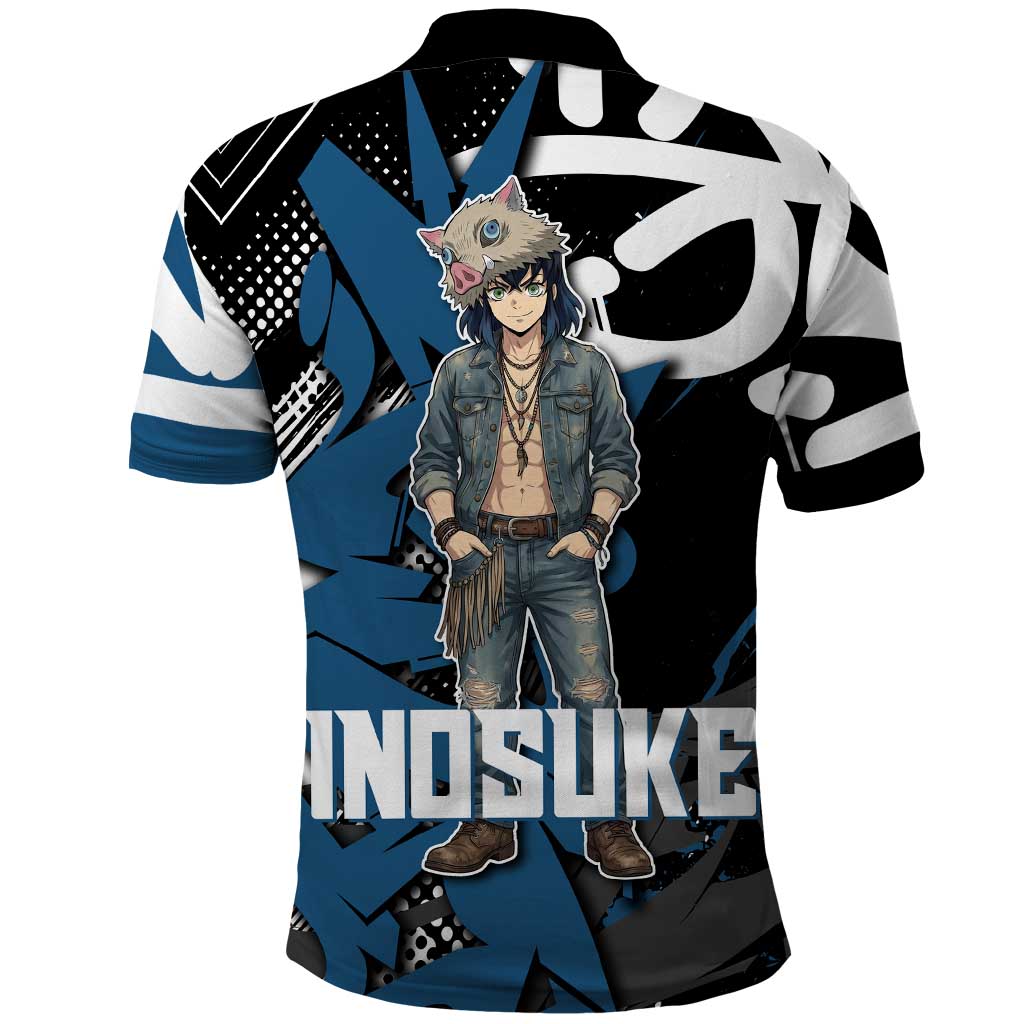 Hashibira Inosuke Demon Slayer Polo Shirt Blue & Black Graffiti Anime