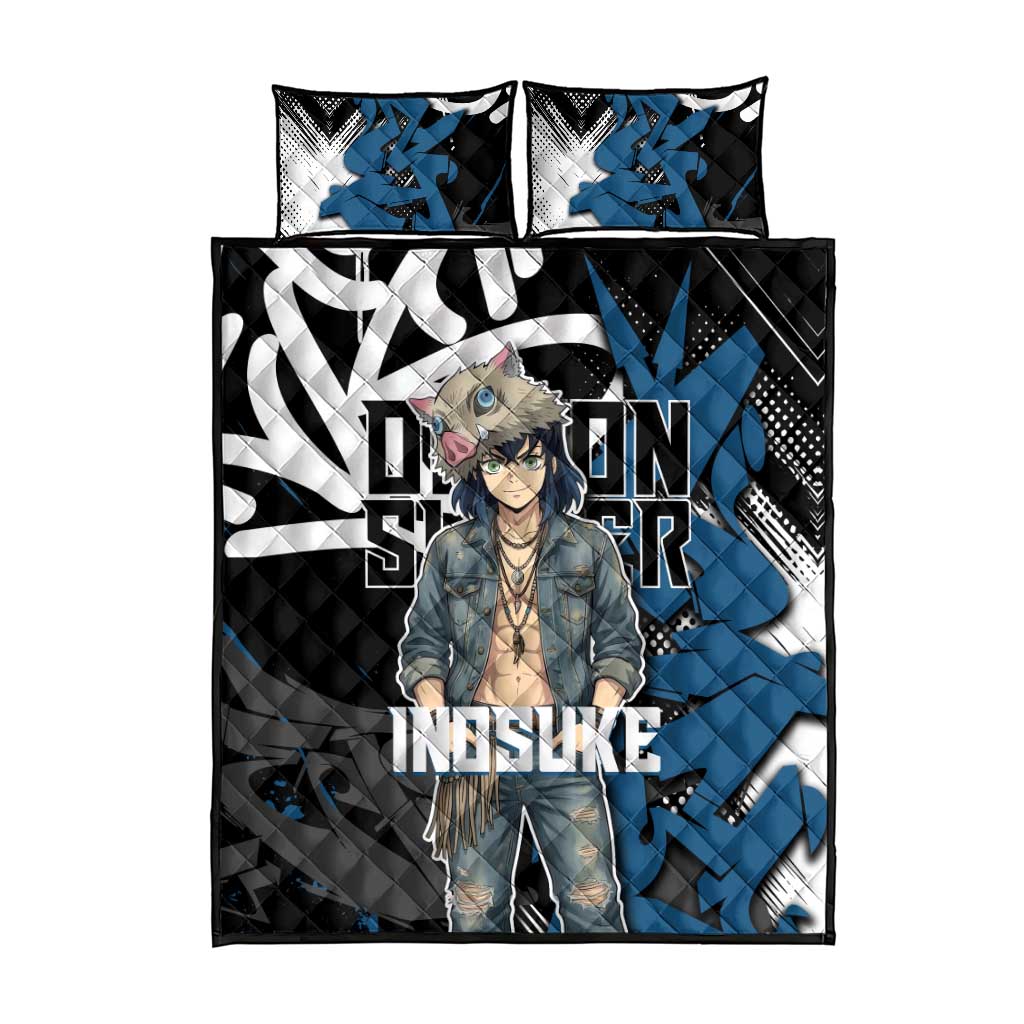 Hashibira Inosuke Demon Slayer Quilt Bed Set Blue & Black Graffiti Anime