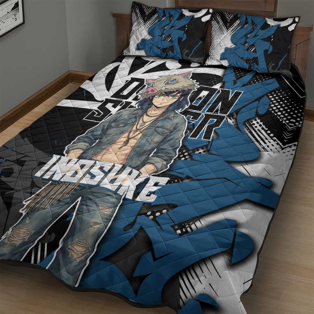 Hashibira Inosuke Demon Slayer Quilt Bed Set Blue & Black Graffiti Anime