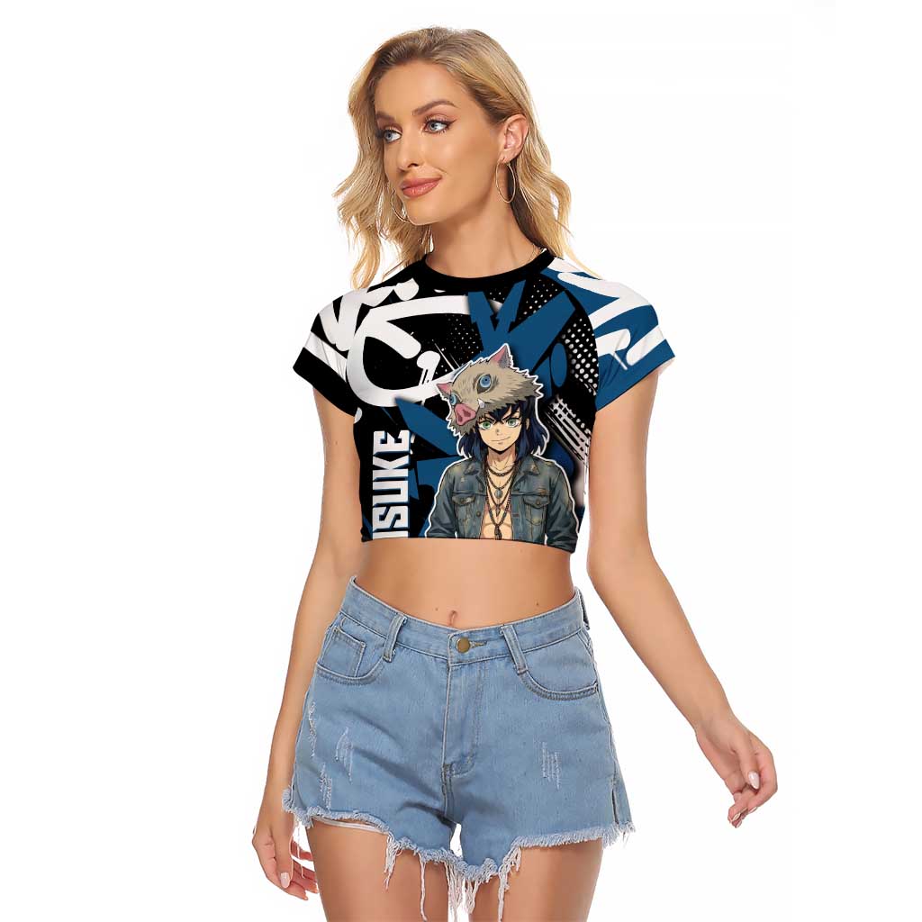 Hashibira Inosuke Demon Slayer Raglan Cropped T Shirt Blue & Black Graffiti Anime