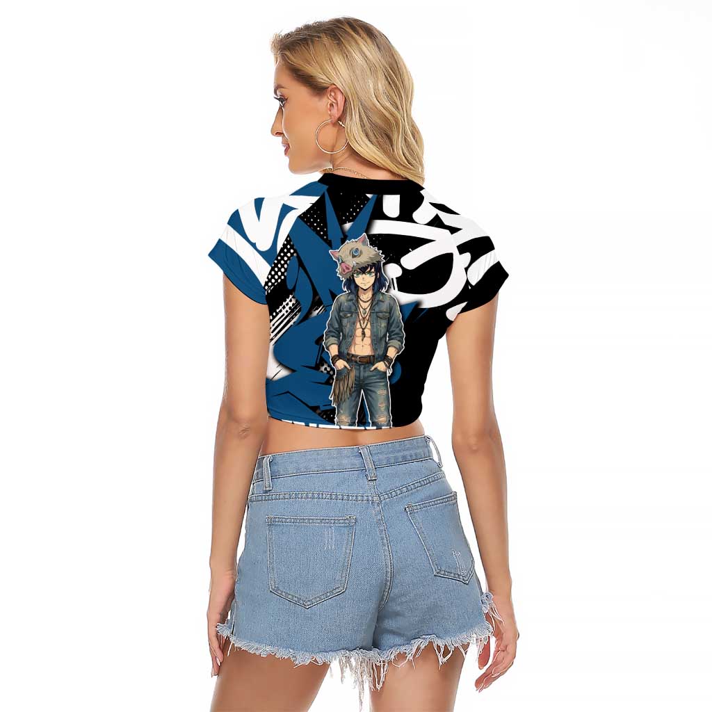 Hashibira Inosuke Demon Slayer Raglan Cropped T Shirt Blue & Black Graffiti Anime