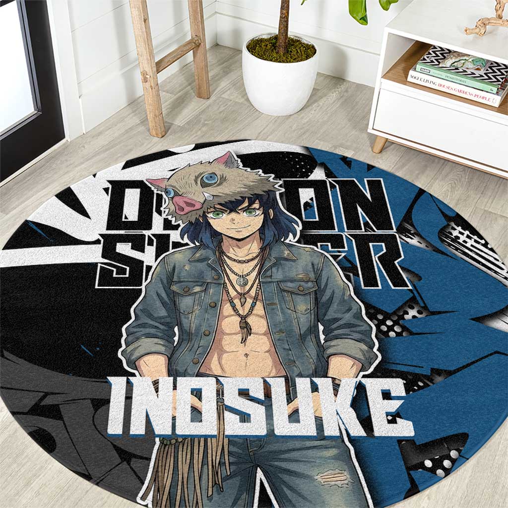 Hashibira Inosuke Demon Slayer Round Carpet Blue & Black Graffiti Anime