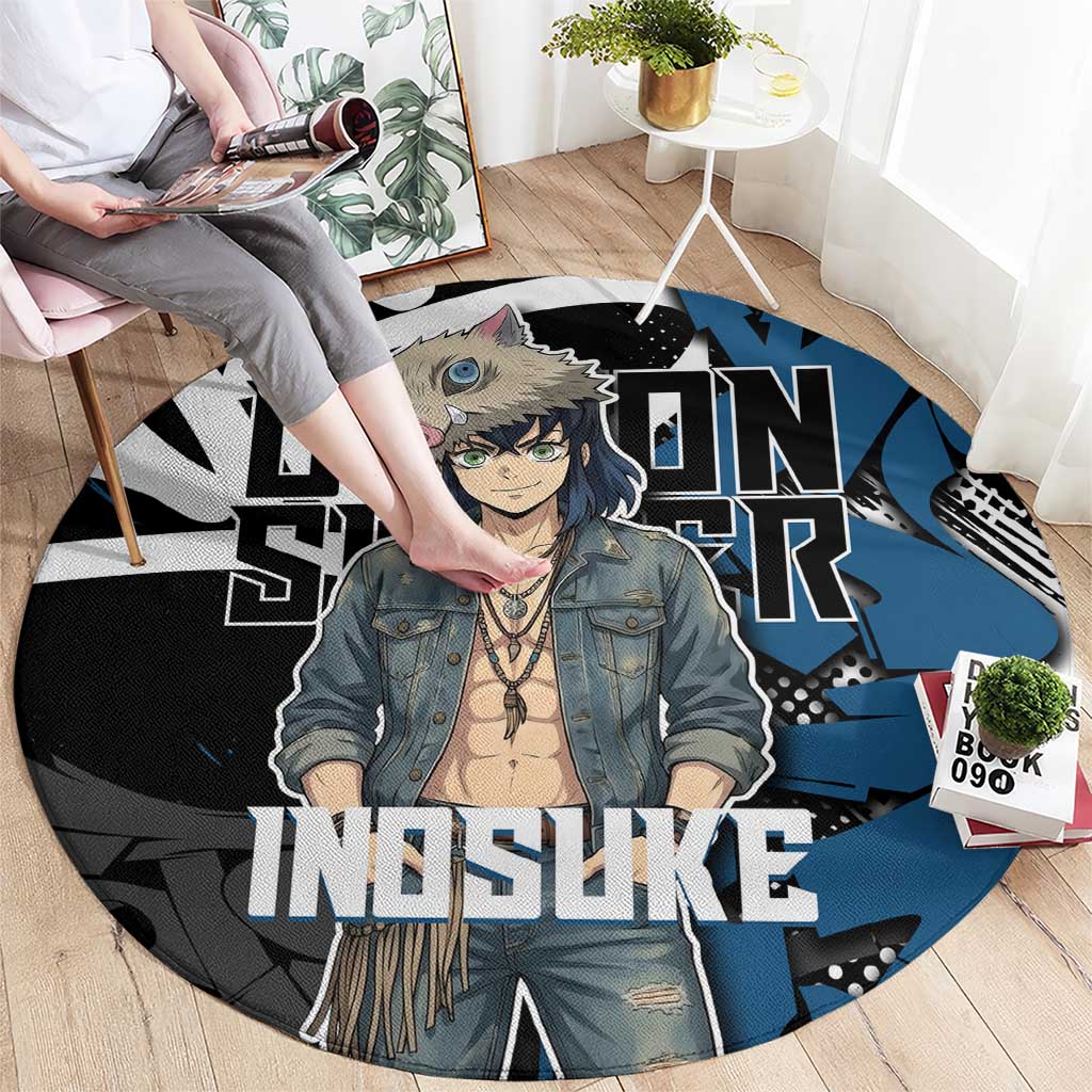 Hashibira Inosuke Demon Slayer Round Carpet Blue & Black Graffiti Anime