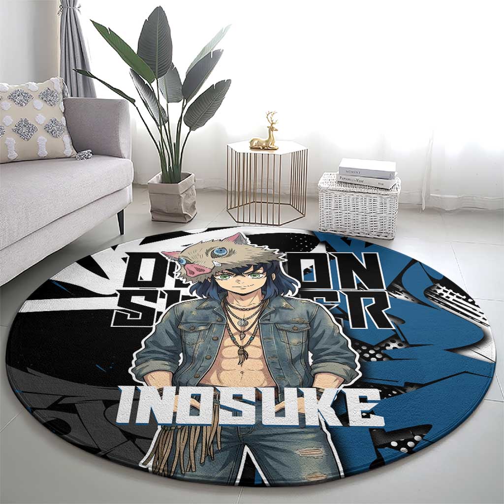 Hashibira Inosuke Demon Slayer Round Carpet Blue & Black Graffiti Anime