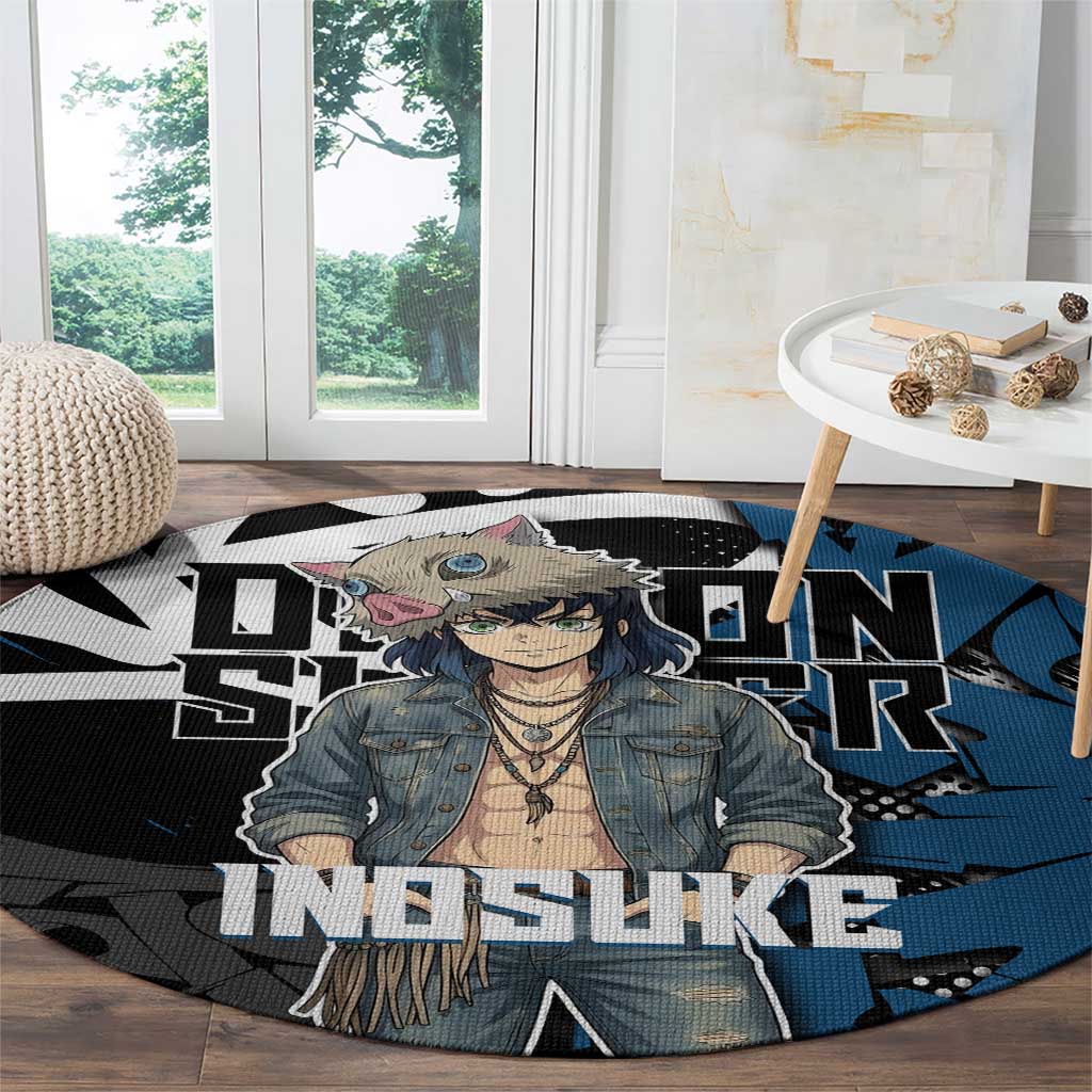 Hashibira Inosuke Demon Slayer Round Carpet Blue & Black Graffiti Anime