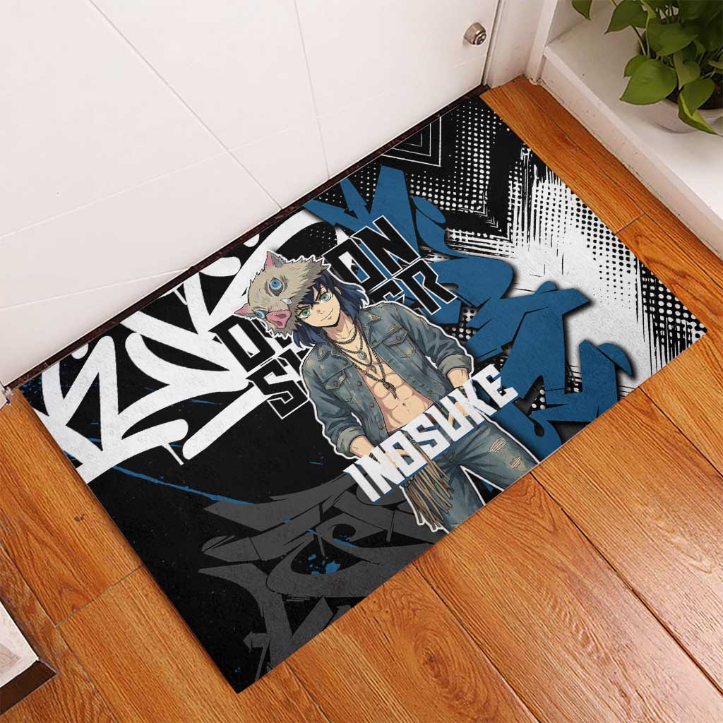 Hashibira Inosuke Demon Slayer Rubber Doormat Blue & Black Graffiti Anime