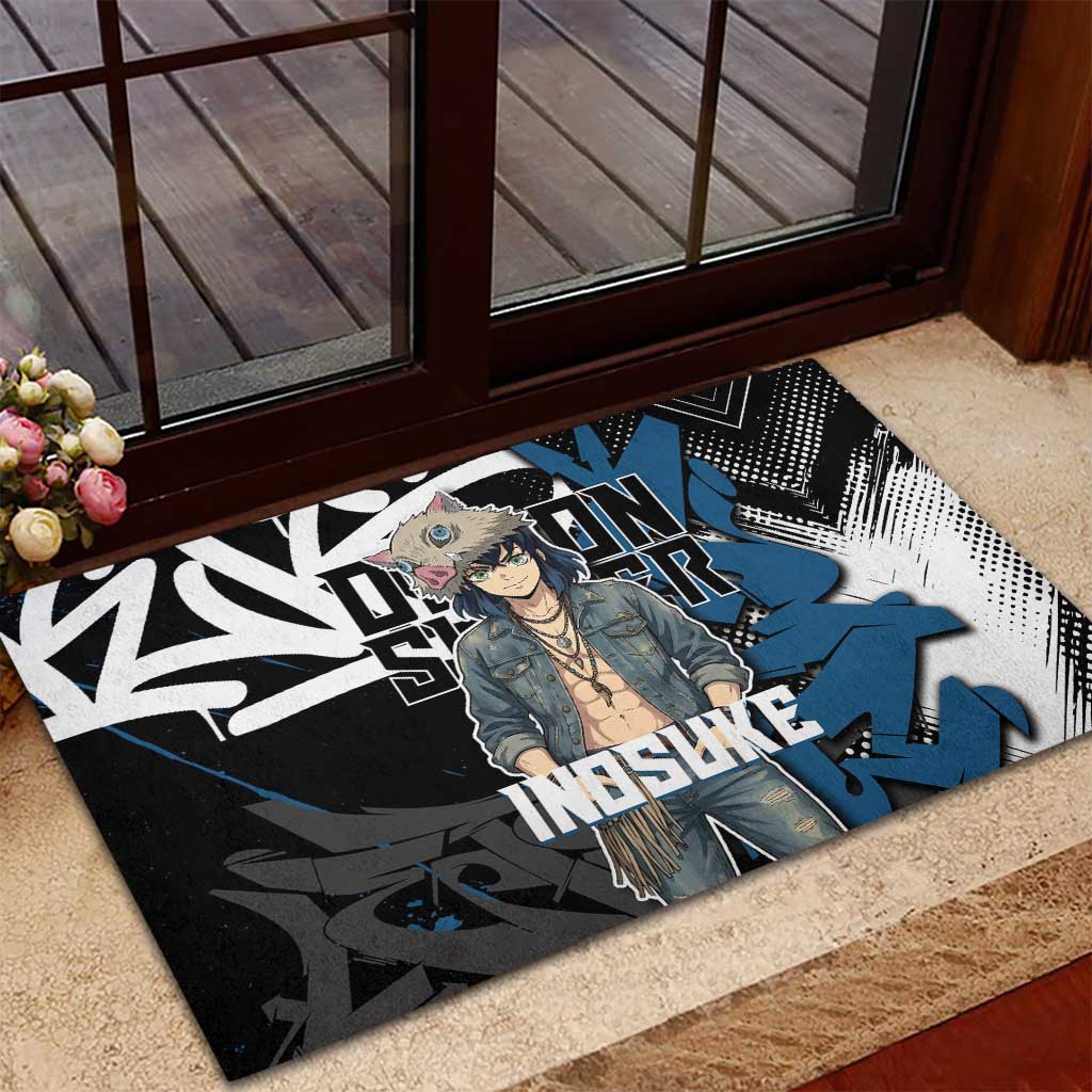 Hashibira Inosuke Demon Slayer Rubber Doormat Blue & Black Graffiti Anime
