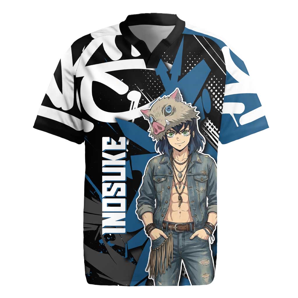 Hashibira Inosuke Demon Slayer Rugby Jersey Blue & Black Graffiti Anime