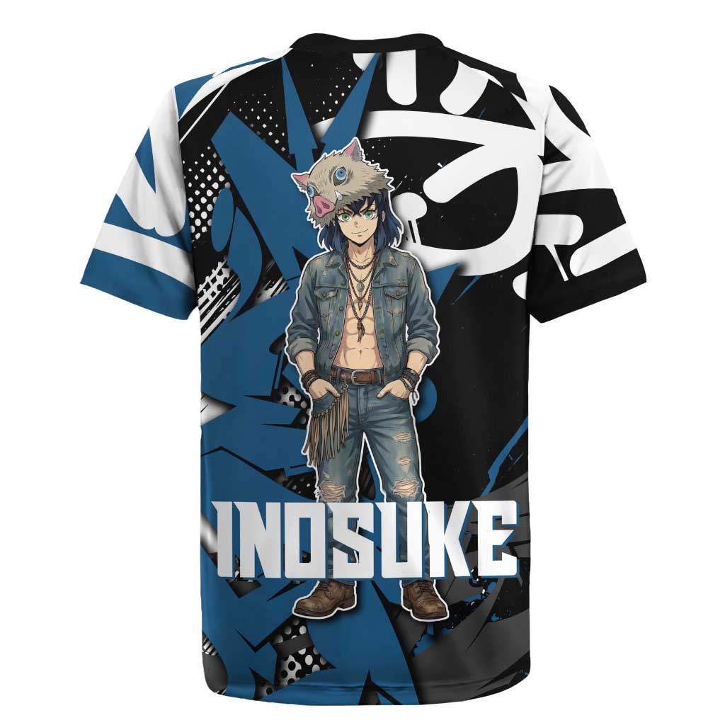 Hashibira Inosuke Demon Slayer Rugby Jersey Blue & Black Graffiti Anime