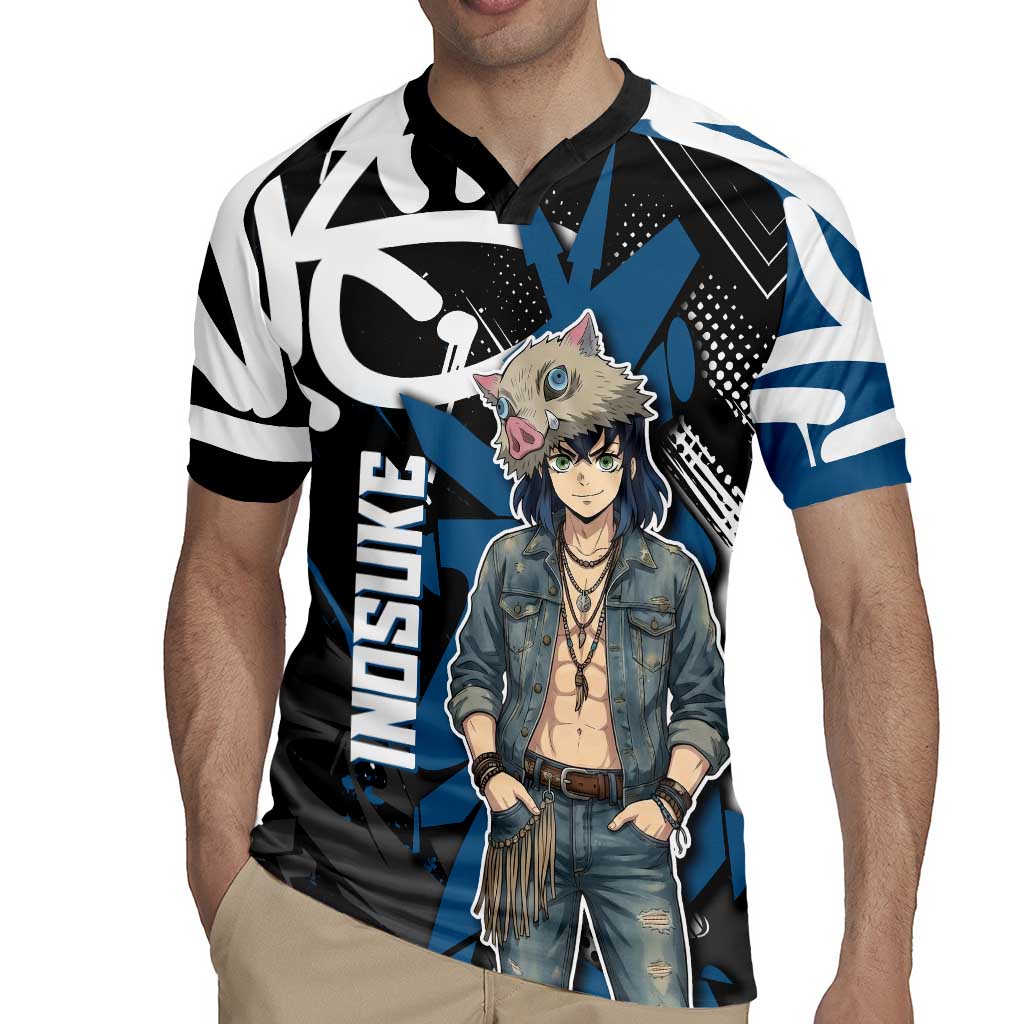 Hashibira Inosuke Demon Slayer Rugby Jersey Blue & Black Graffiti Anime
