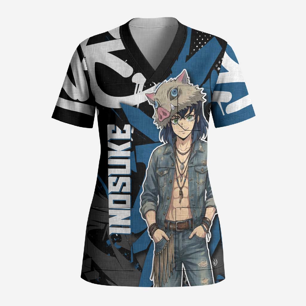 Hashibira Inosuke Demon Slayer Scrub Top Blue & Black Graffiti Anime