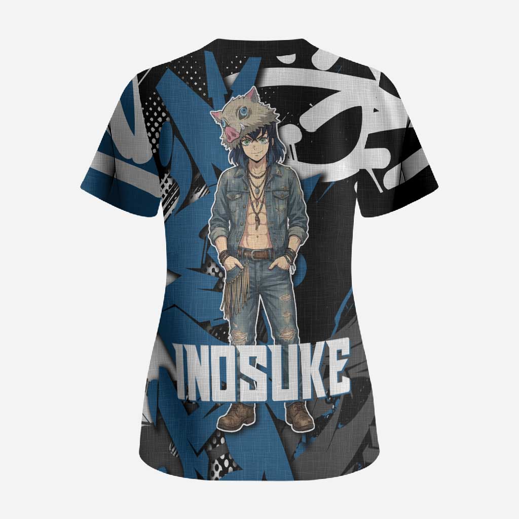 Hashibira Inosuke Demon Slayer Scrub Top Blue & Black Graffiti Anime