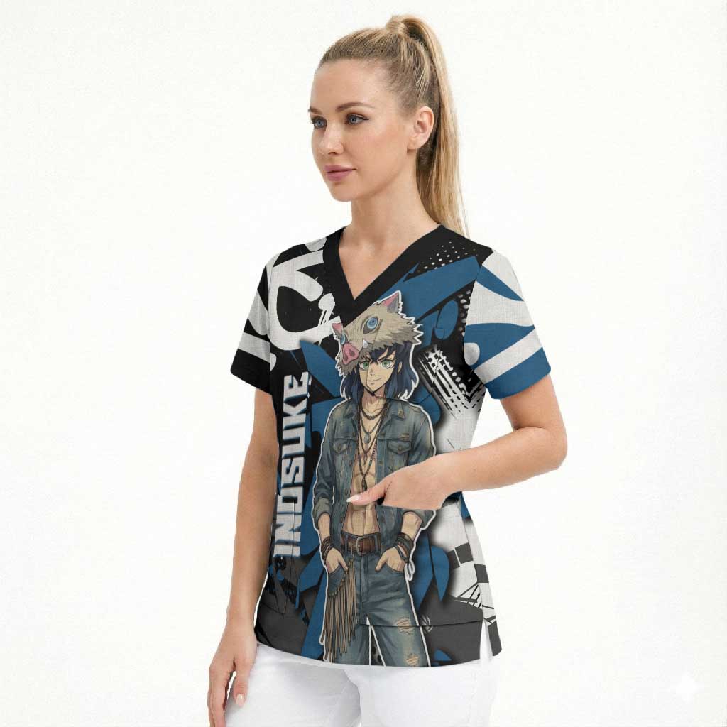 Hashibira Inosuke Demon Slayer Scrub Top Blue & Black Graffiti Anime