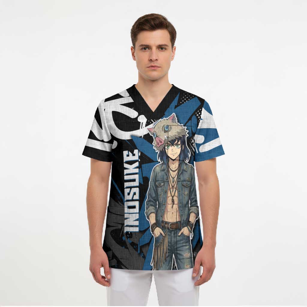 Hashibira Inosuke Demon Slayer Scrub Top Blue & Black Graffiti Anime