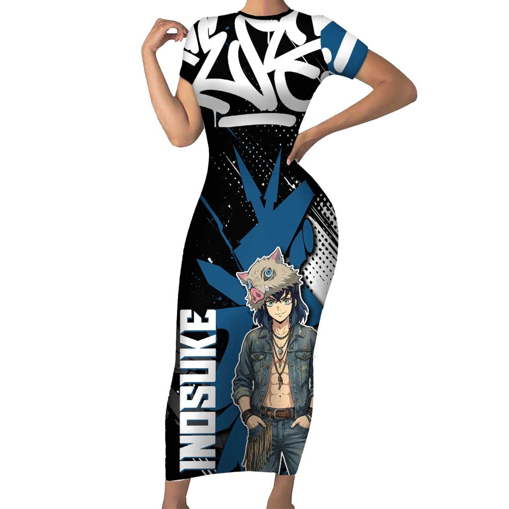 Hashibira Inosuke Demon Slayer Short Sleeve Bodycon Dress Blue & Black Graffiti Anime