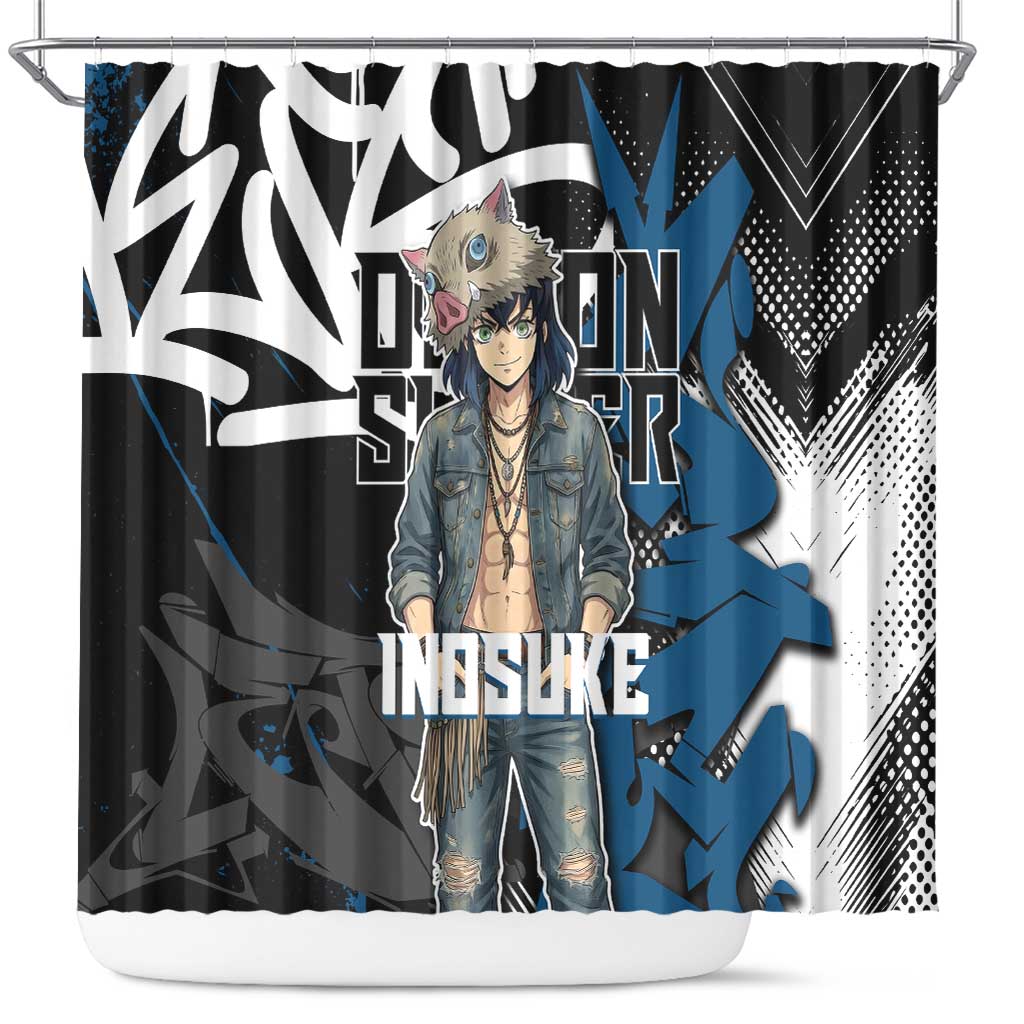 Hashibira Inosuke Demon Slayer Shower Curtain Blue & Black Graffiti Anime