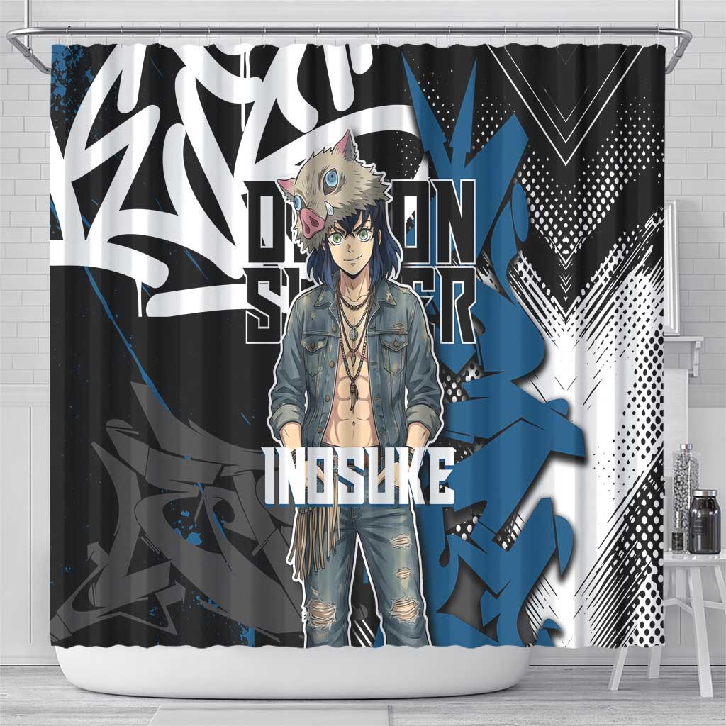 Hashibira Inosuke Demon Slayer Shower Curtain Blue & Black Graffiti Anime