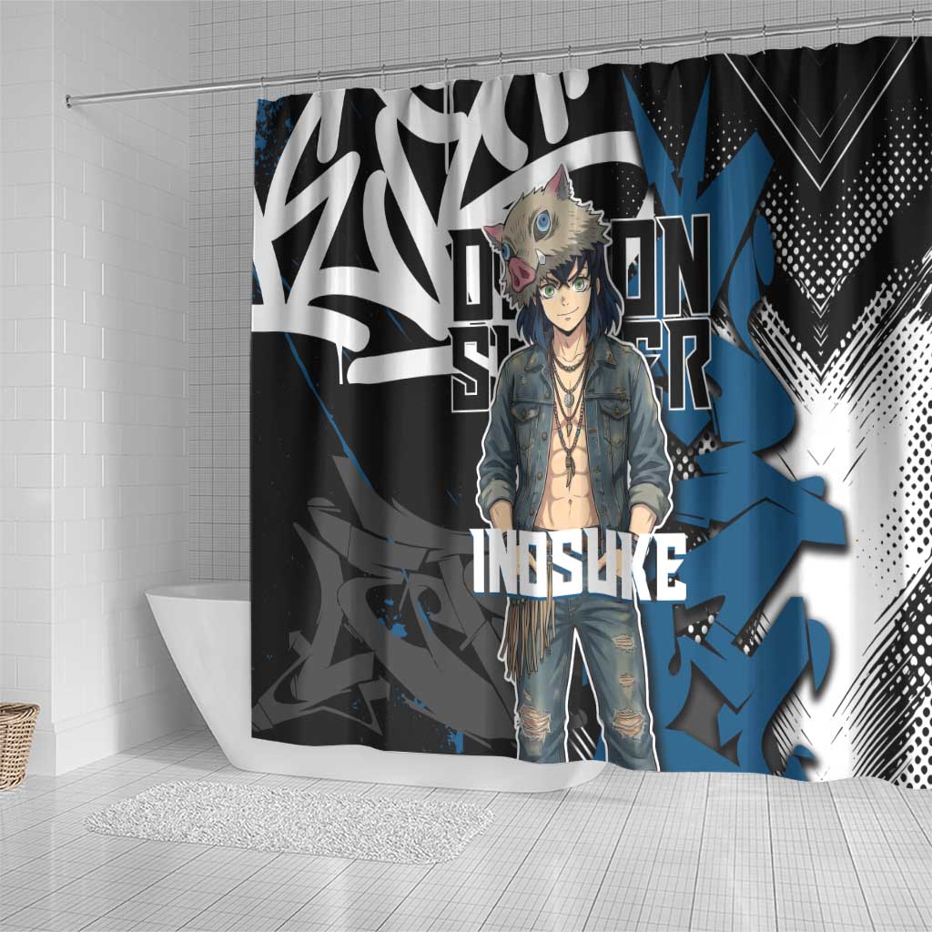 Hashibira Inosuke Demon Slayer Shower Curtain Blue & Black Graffiti Anime