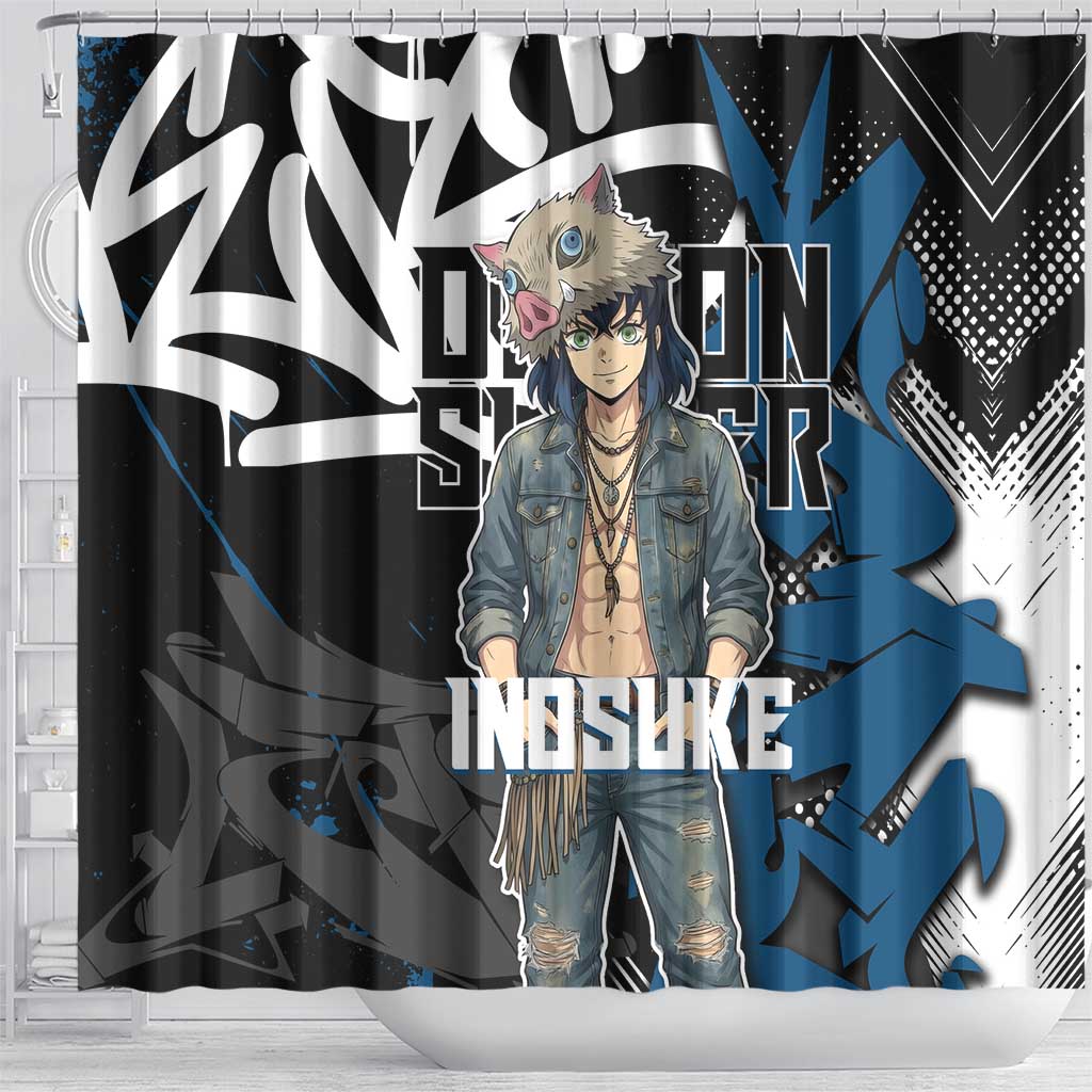 Hashibira Inosuke Demon Slayer Shower Curtain Blue & Black Graffiti Anime