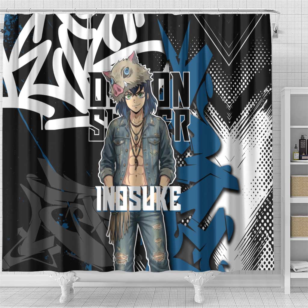 Hashibira Inosuke Demon Slayer Shower Curtain Blue & Black Graffiti Anime