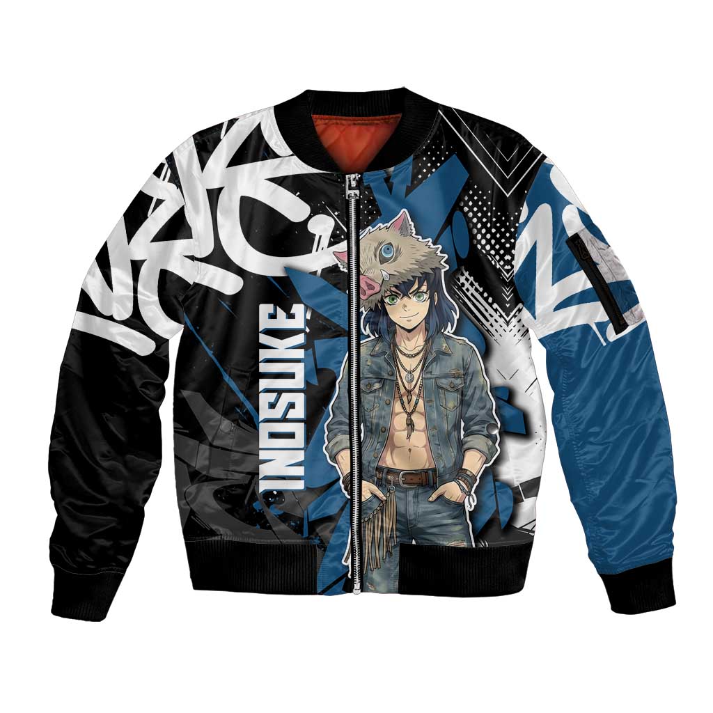 Hashibira Inosuke Demon Slayer Sleeve Zip Bomber Jacket Blue & Black Graffiti Anime