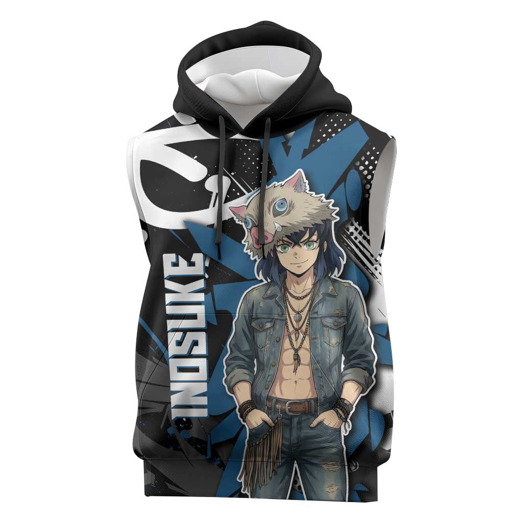 Hashibira Inosuke Demon Slayer Sleeveless Hoodie Blue & Black Graffiti Anime