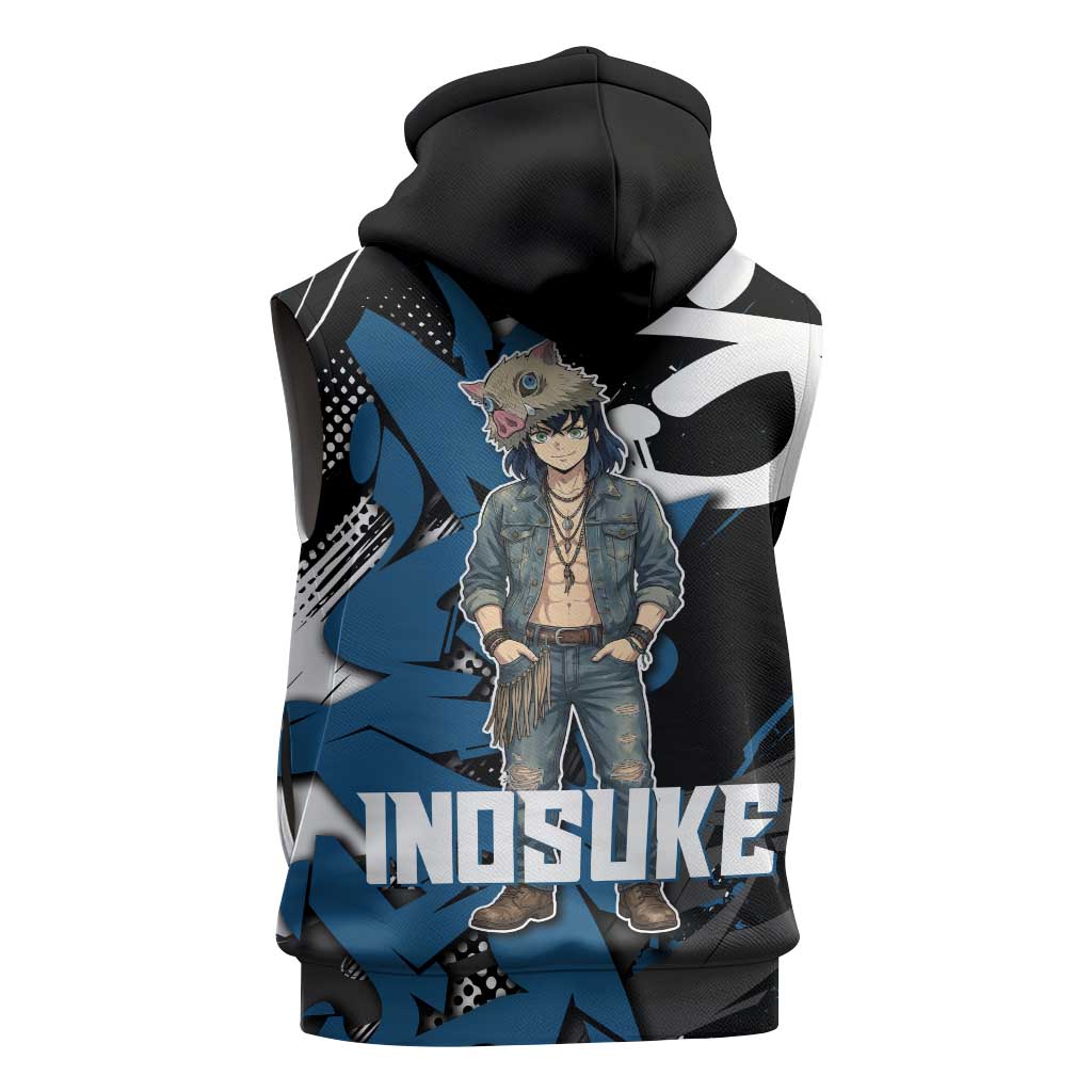 Hashibira Inosuke Demon Slayer Sleeveless Hoodie Blue & Black Graffiti Anime