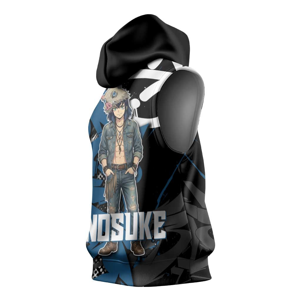 Hashibira Inosuke Demon Slayer Sleeveless Hoodie Blue & Black Graffiti Anime