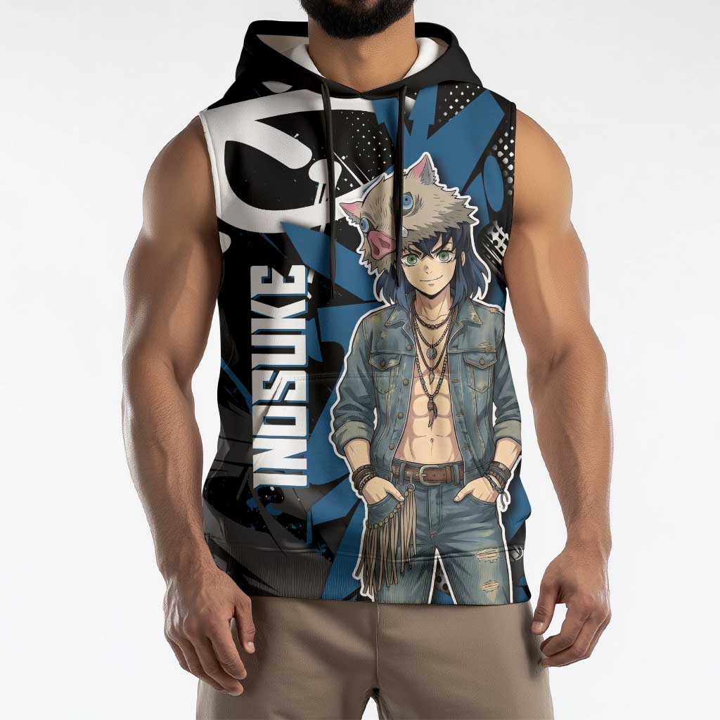 Hashibira Inosuke Demon Slayer Sleeveless Hoodie Blue & Black Graffiti Anime