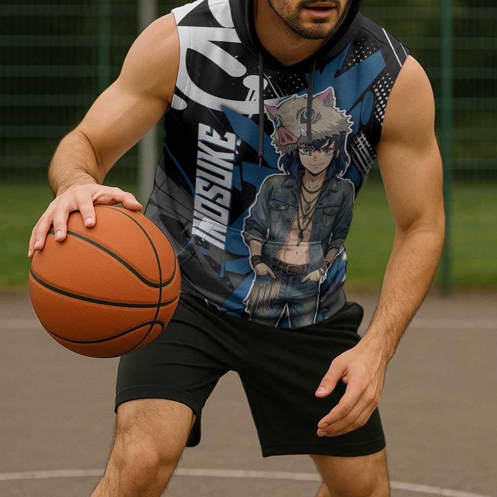 Hashibira Inosuke Demon Slayer Sleeveless Hoodie Blue & Black Graffiti Anime