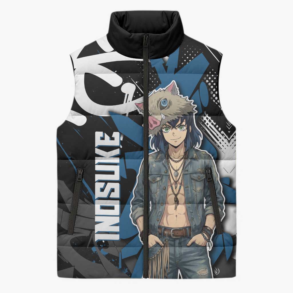 Hashibira Inosuke Demon Slayer Sleeveless Puffer Jacket Blue & Black Graffiti Anime