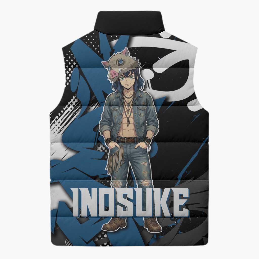 Hashibira Inosuke Demon Slayer Sleeveless Puffer Jacket Blue & Black Graffiti Anime