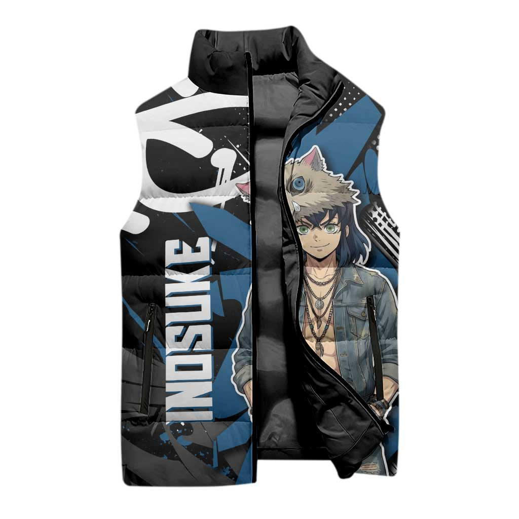 Hashibira Inosuke Demon Slayer Sleeveless Puffer Jacket Blue & Black Graffiti Anime