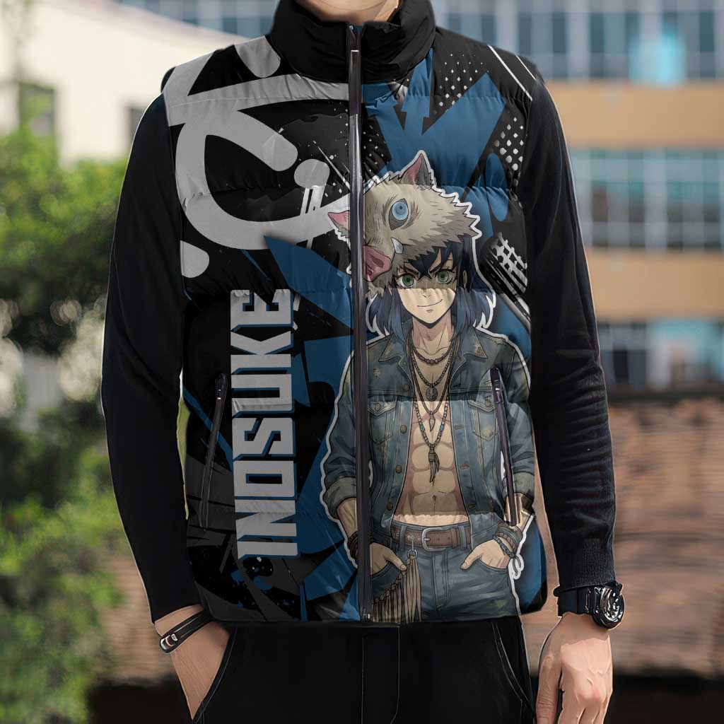 Hashibira Inosuke Demon Slayer Sleeveless Puffer Jacket Blue & Black Graffiti Anime