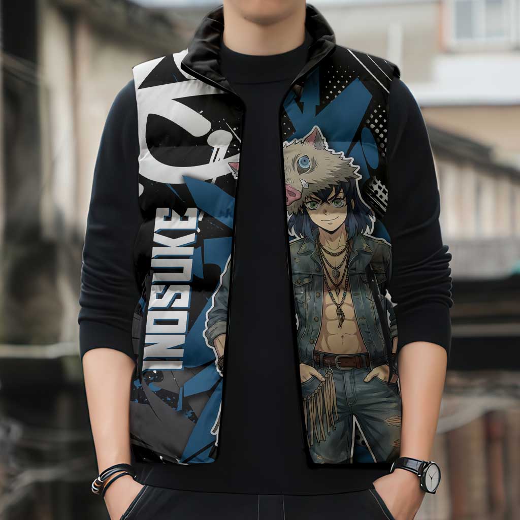 Hashibira Inosuke Demon Slayer Sleeveless Puffer Jacket Blue & Black Graffiti Anime