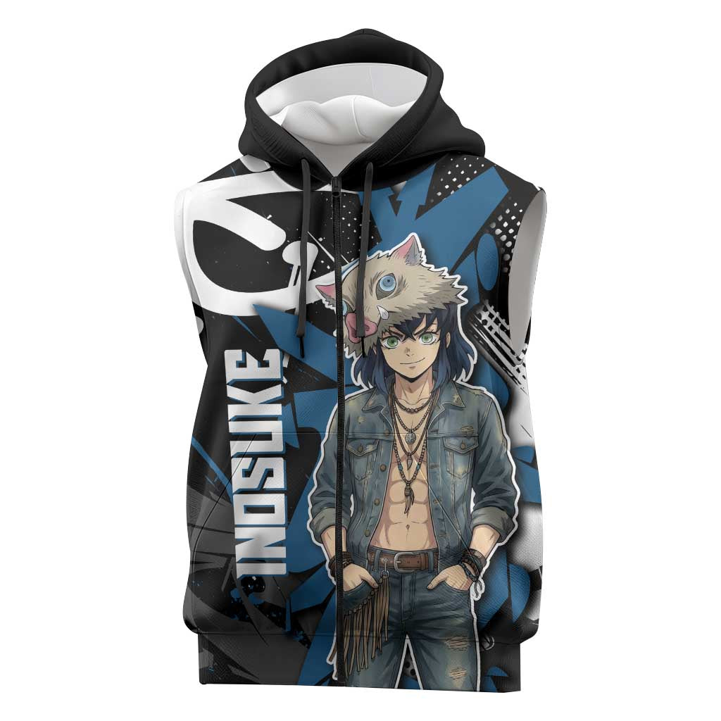 Hashibira Inosuke Demon Slayer Sleeveless Zip Hoodie Blue & Black Graffiti Anime