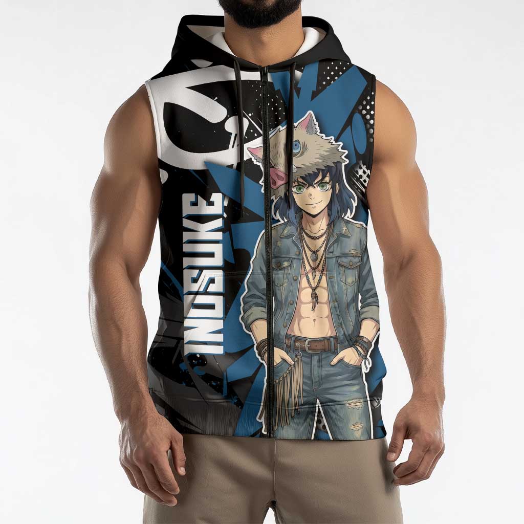 Hashibira Inosuke Demon Slayer Sleeveless Zip Hoodie Blue & Black Graffiti Anime