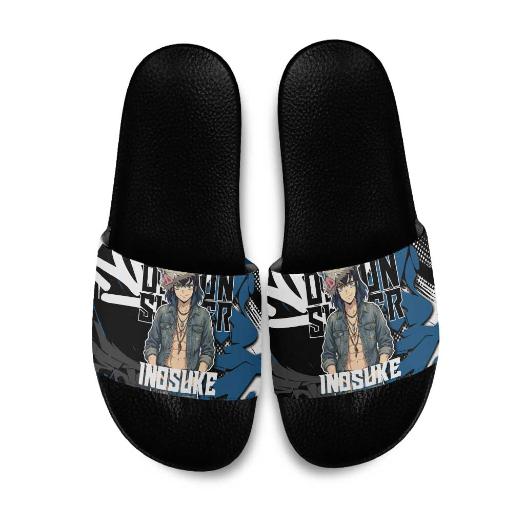 Hashibira Inosuke Demon Slayer Slide Sandals Blue & Black Graffiti Anime