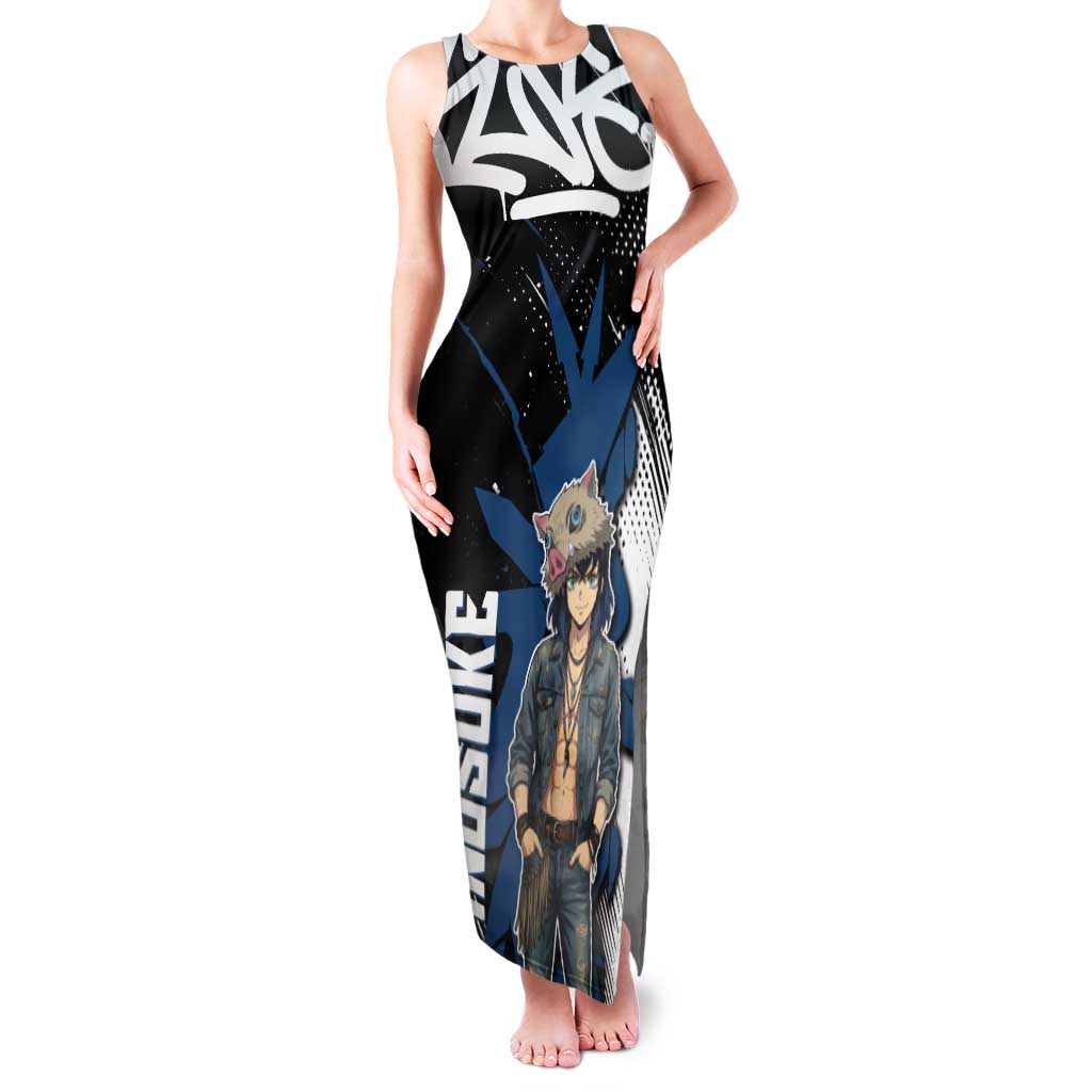 Hashibira Inosuke Demon Slayer Tank Maxi Dress Blue & Black Graffiti Anime