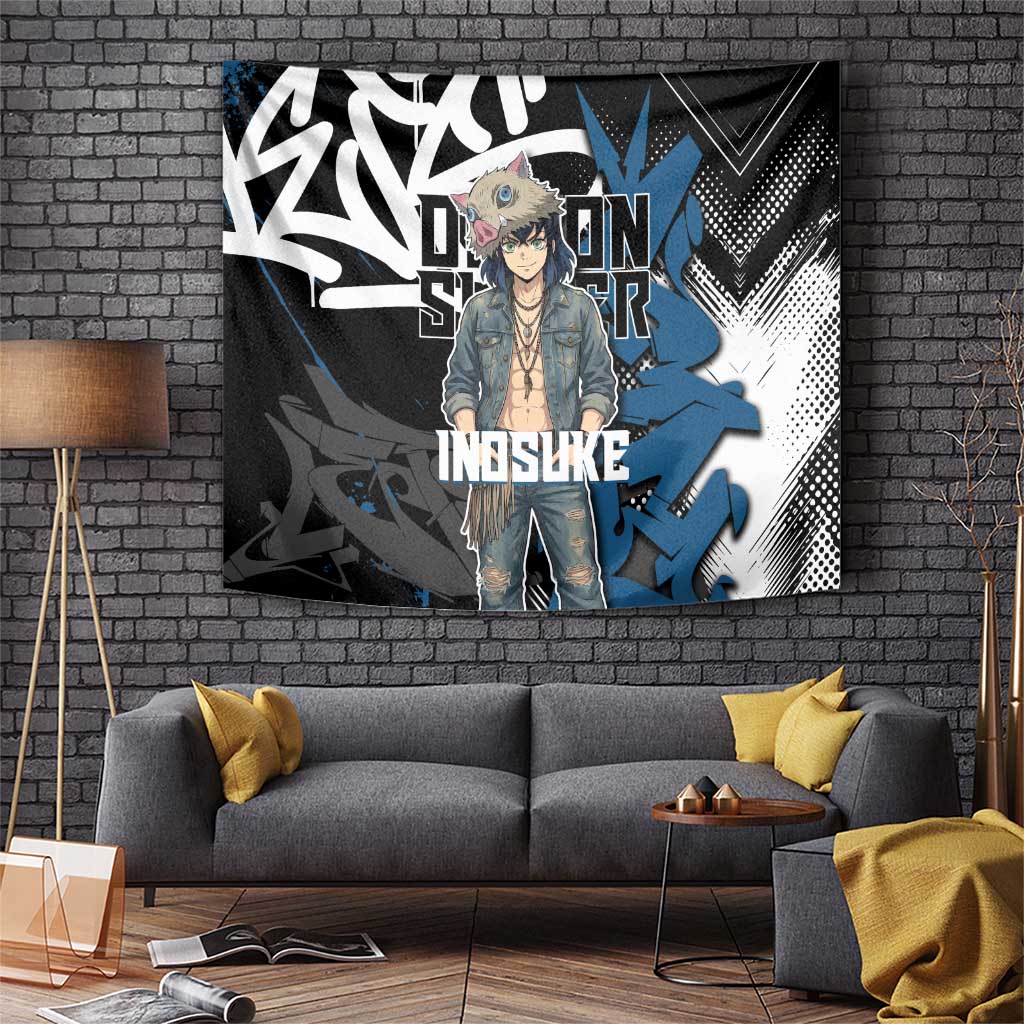 Hashibira Inosuke Demon Slayer Tapestry Blue & Black Graffiti Anime